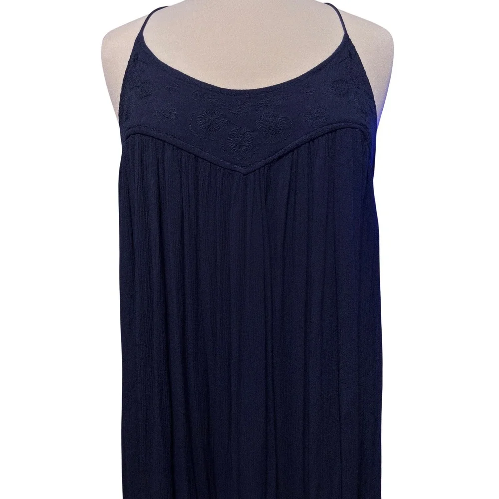 Free People Elaine Maxi Slip Navy Blue‎ Excellent Boho Embroidered T-Back Halter